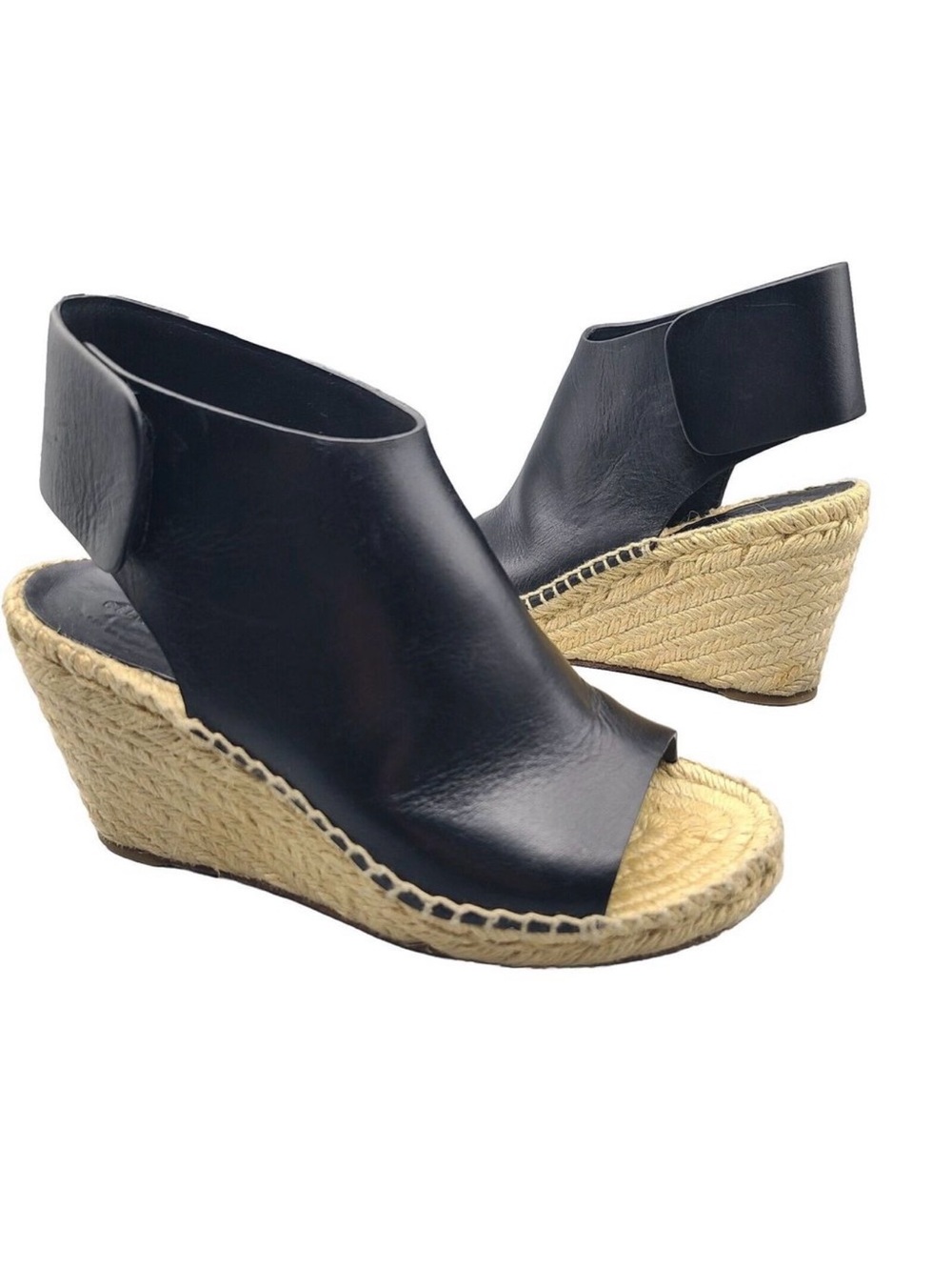 Celine Black Leather Espadrille Wedge Sandals